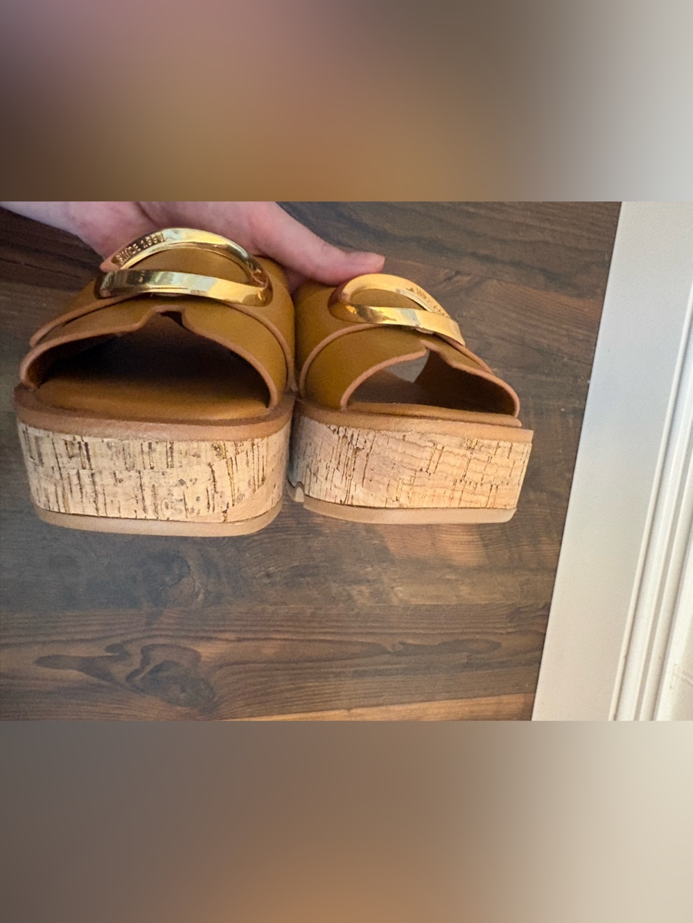 Franco Sarto Cognac Slide Sandals with Gold Oval Accent - Picture 6 of 8